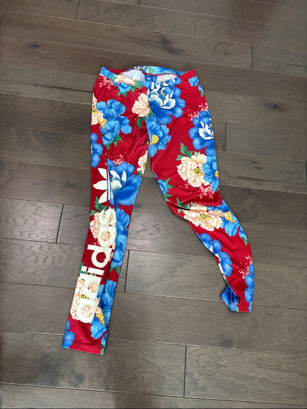 adidas Red Leggings with Blue and Cream Floral Print